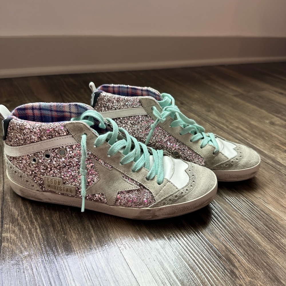 Golden Goose Midstars - size 37 - Pink Glitter with Mint Laces